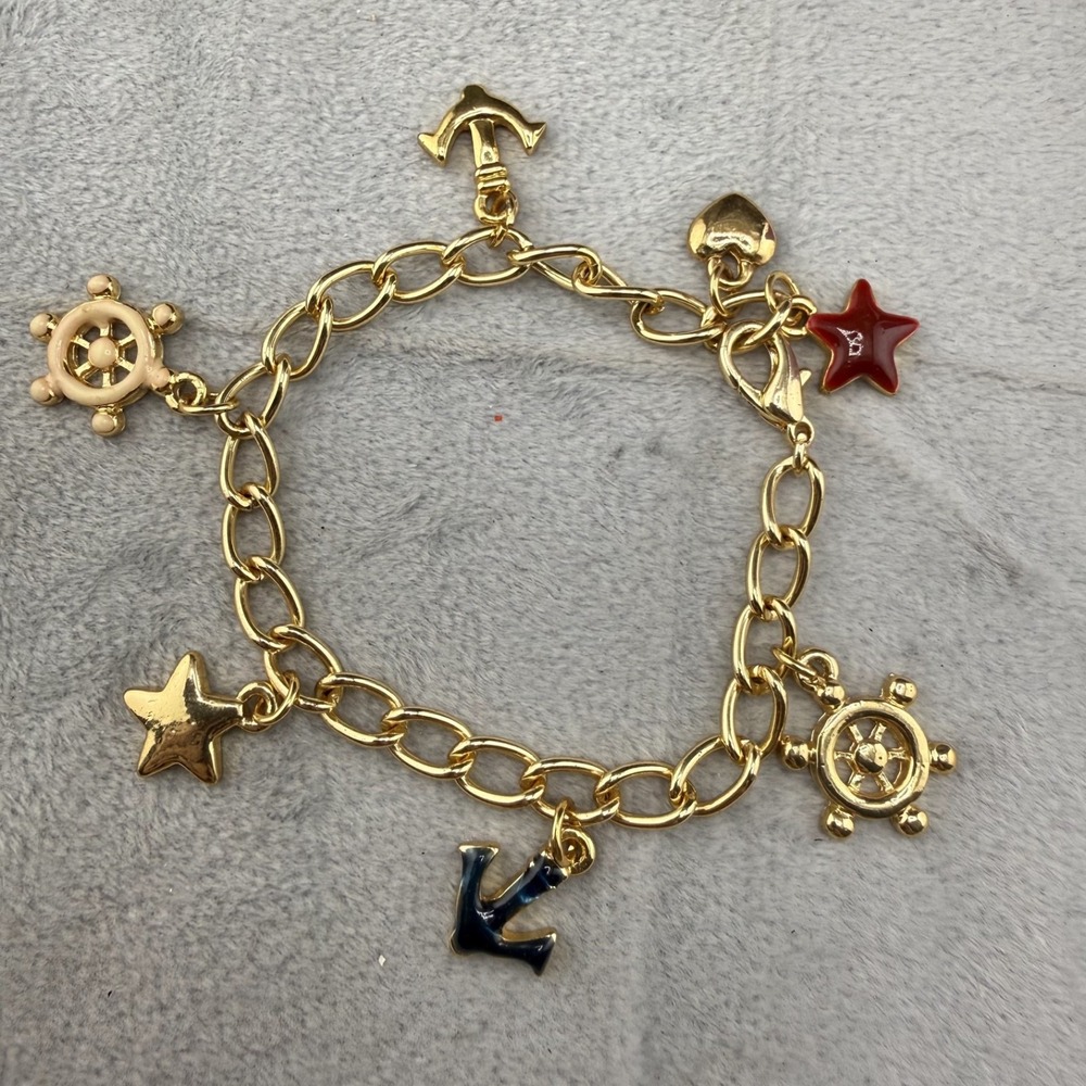 Vintage Estate Charm Bracelet Gold Tone Nautical Ocean Anchor Ship Wheel 7"